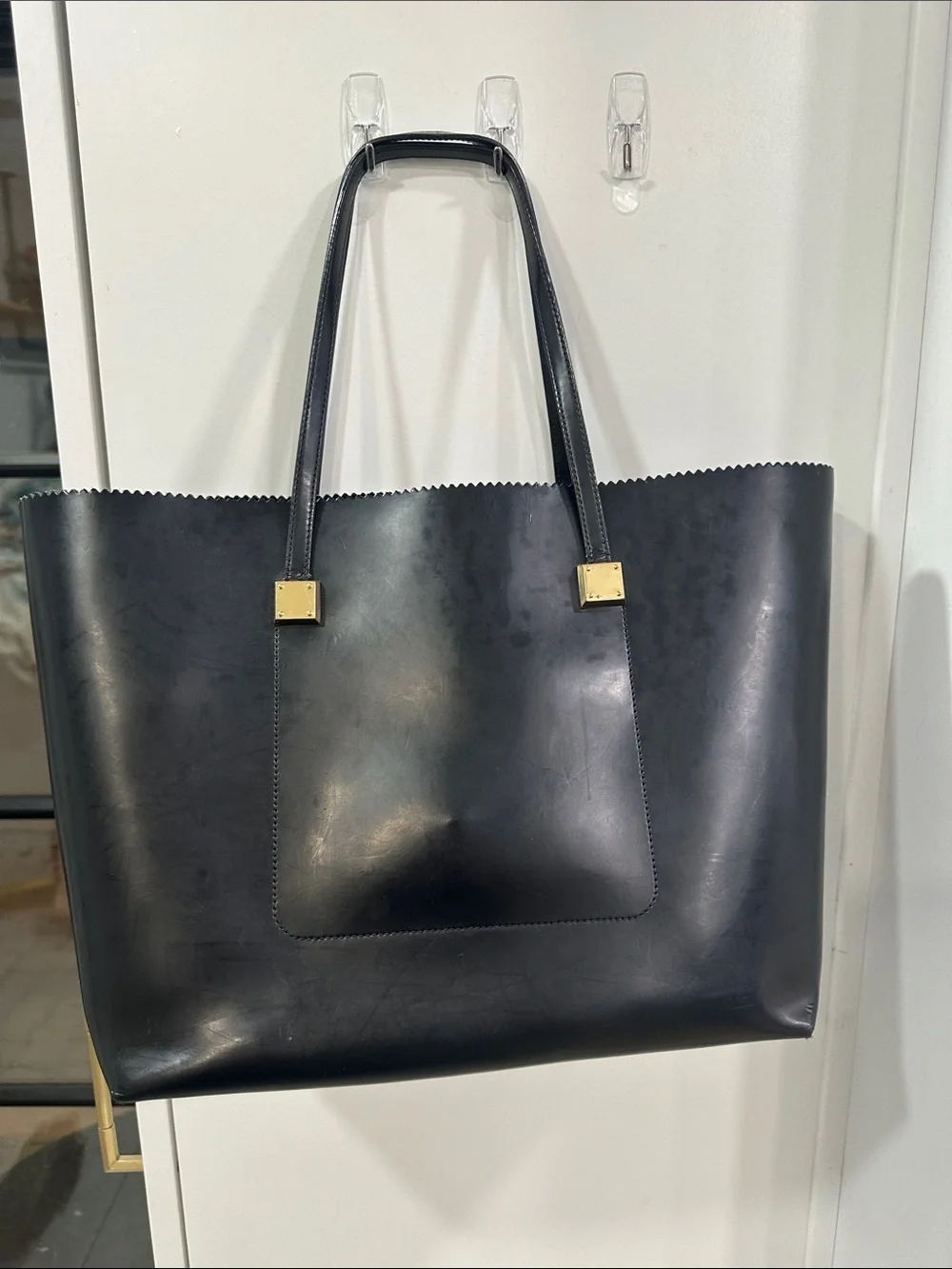 Lauren Ralph Lauren Black Leather Tote with Gold Accents